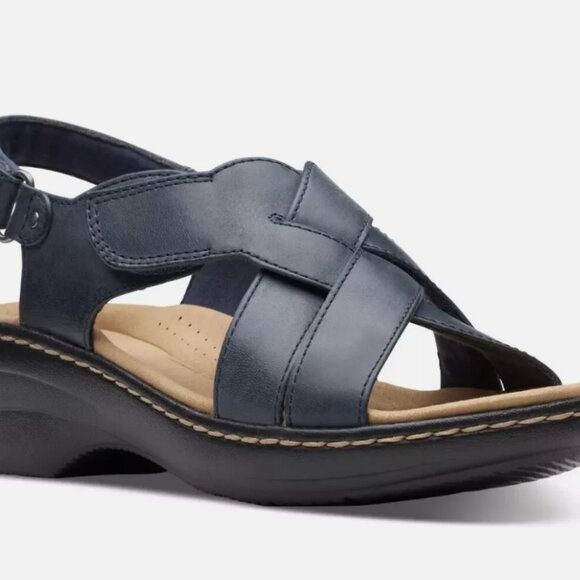 NIB Clarks Merliah Echo Women 11‎ Wedge Sandals Navy Leather Cork Platform Comfy - Picture 2 of 10